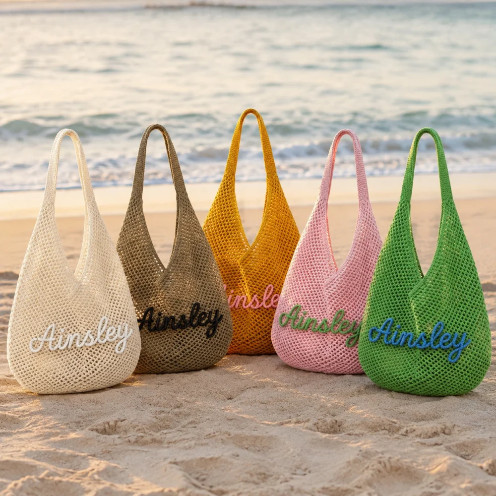 Hollow Woven Straw Hobo Tote Bag Custom Rope Embroidered Personalized Name Beach Bag Bridesmaid Summer Gift Handbag