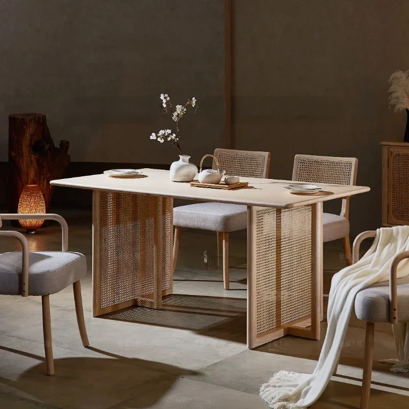 Solid Wood Rattan Home Dining Tables and Chairs Set Modern Minimalist Dining Table