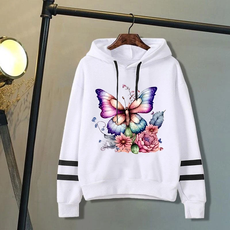 

Funny Butterfly Print Hoodie Fashion Women Men Casual Pullover Hoodies Stripe Sweatshirt