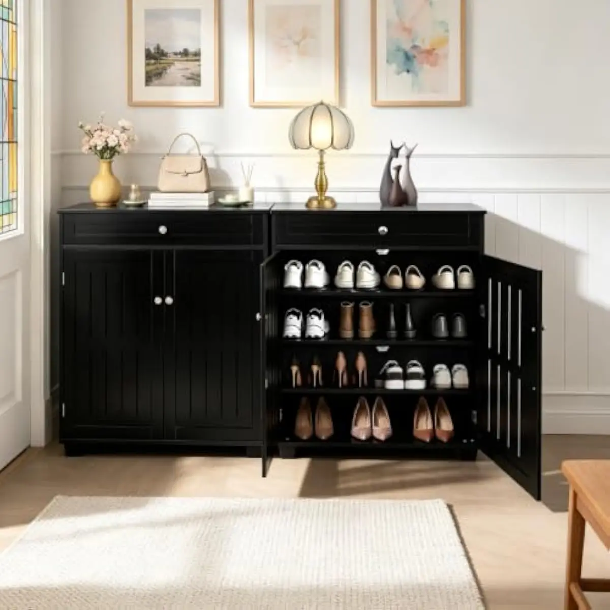 Shoe Cabinet with Doors for Entryway, 2 Pack, Black