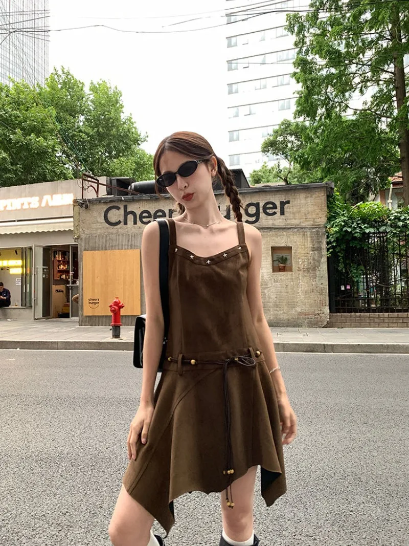 American Spicy Girl Rivet Irregular Strap Dress Women's Summer Sweet Cool Short Style Slimming V-neck Waist Wrap Dresses