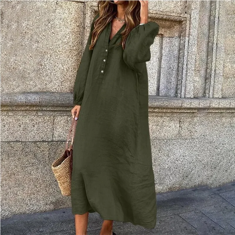 Women Vintage Oversized Streetwear Cotton Linen Shirt Dresses for Women 2023 Spring Autumn Trendy V Neck Long Sleeve Maxi Dress