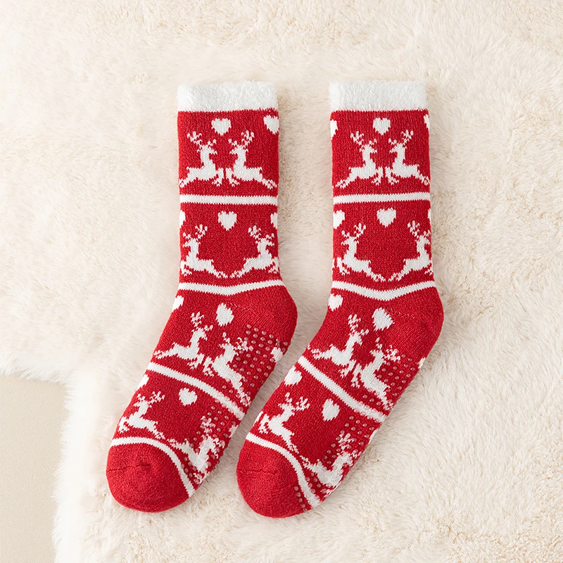 1 пара женских носков, утепленные флисовые домашние теплые средние носки, носки для сна, теплые нескользящие носки-тапочки, зимние носки, рождественские носки