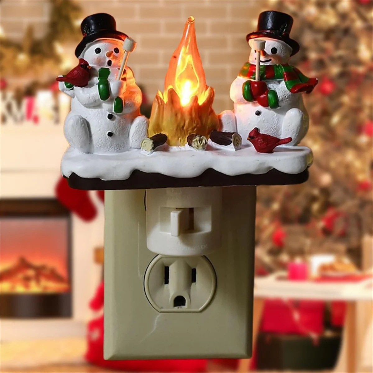 Snowmans & Campfire Night Light Indoor Flickering Nightlight Decoration 3D LED Small Faux Campfire Night Light US Plug