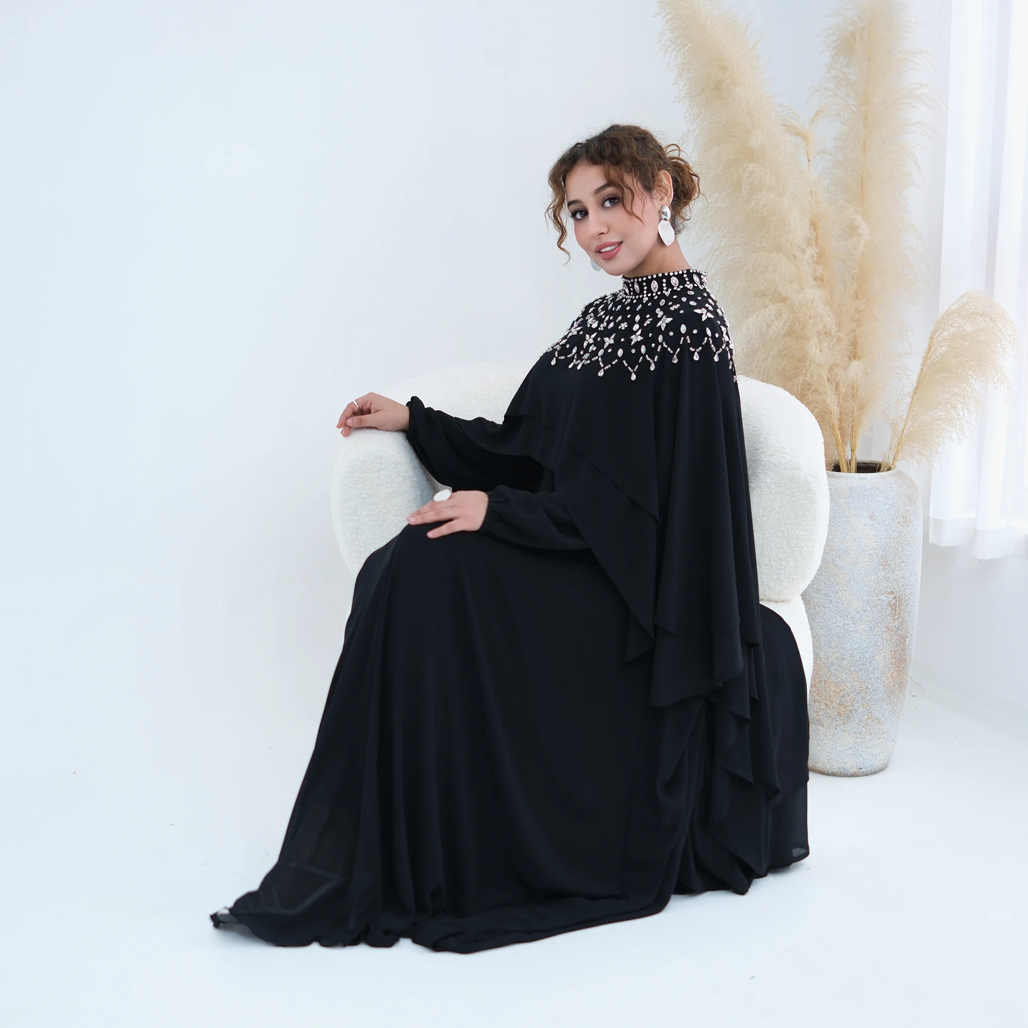 Ramadan Eid Evening Party Events Wedding Diamond Accent Modest Chiffon Abaya Muslimah Dress: Body-Skimming Dress+Extra-Long Cape