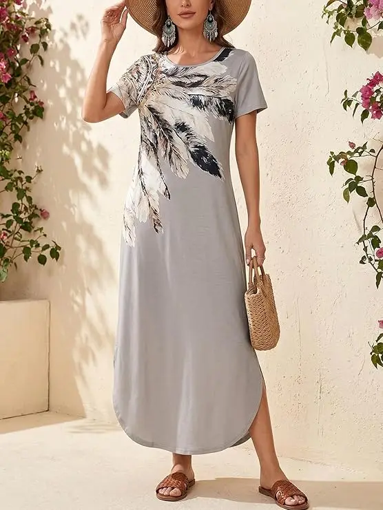 Women's ethnic holiday casual style geometric print casual short sleeve knitted long dress