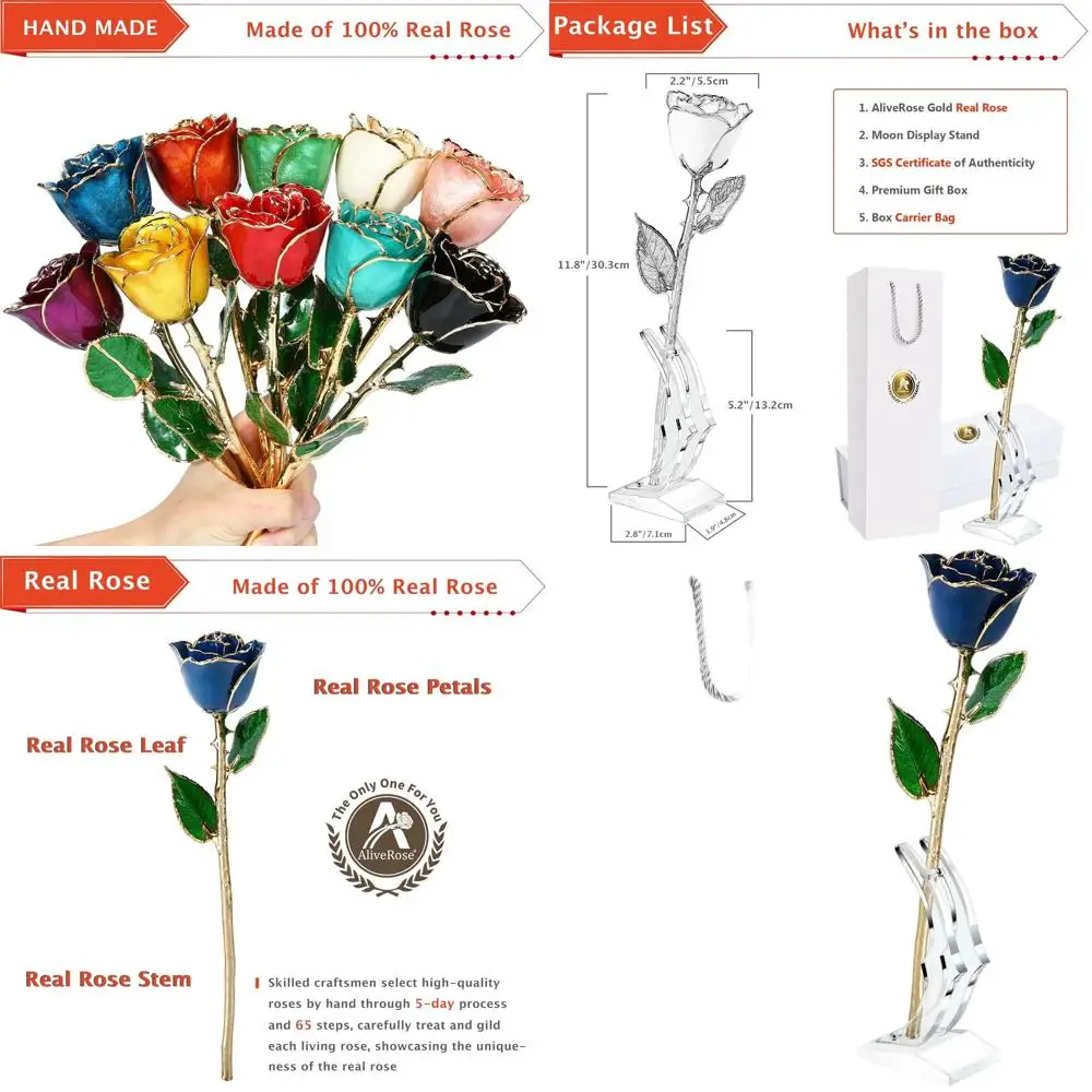 

Позолоченная 24-каратным золотом настоящая роза - уникальная синяя роза ручной работы с подставкой для Дня святого Валентина или Дня матери