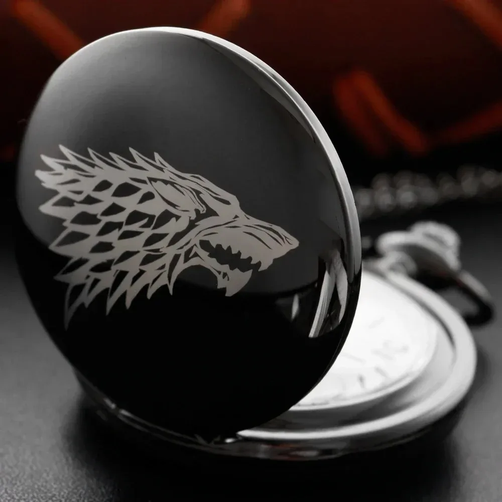 클래식 밝은 검은 색 야생 Direwolf 헤드 오른쪽 아랍어 디지털 석영 주머니 시계 목걸이 펜던트 시계 체인 남성 여성 선물