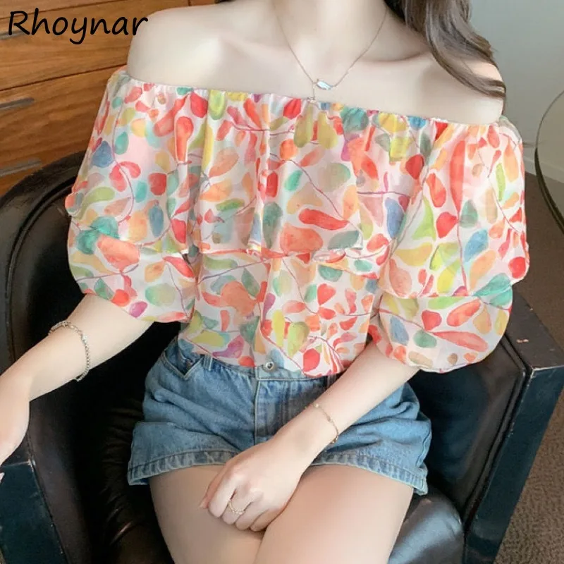 Slash Neck Shirts Frauen Sommer süße Blumen Chiffon Rüschen Design Mode koreanischen Stil elegantes Temperament Freizeit täglich gemütlich