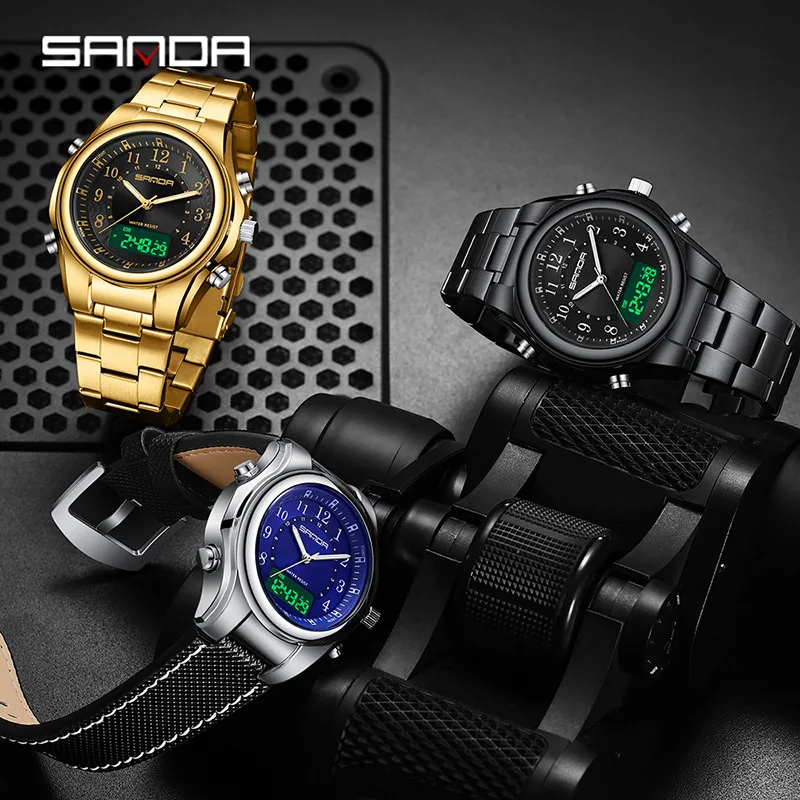 SANDA 3176 Orologio da uomo al quarzo con doppio display alla moda, sveglia impermeabile multifunzionale, cronografo, orologi da uomo Relógio