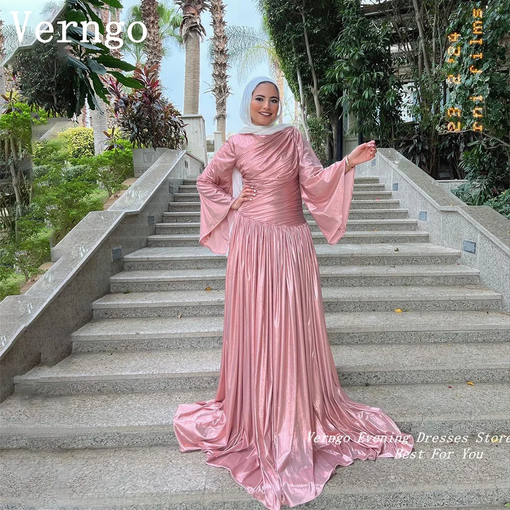 Verngo Pink Satin Prom Gowns High Neck Full Sleeves Party Dress Saudi Arabic Simple A Line Formal Occasion Dress