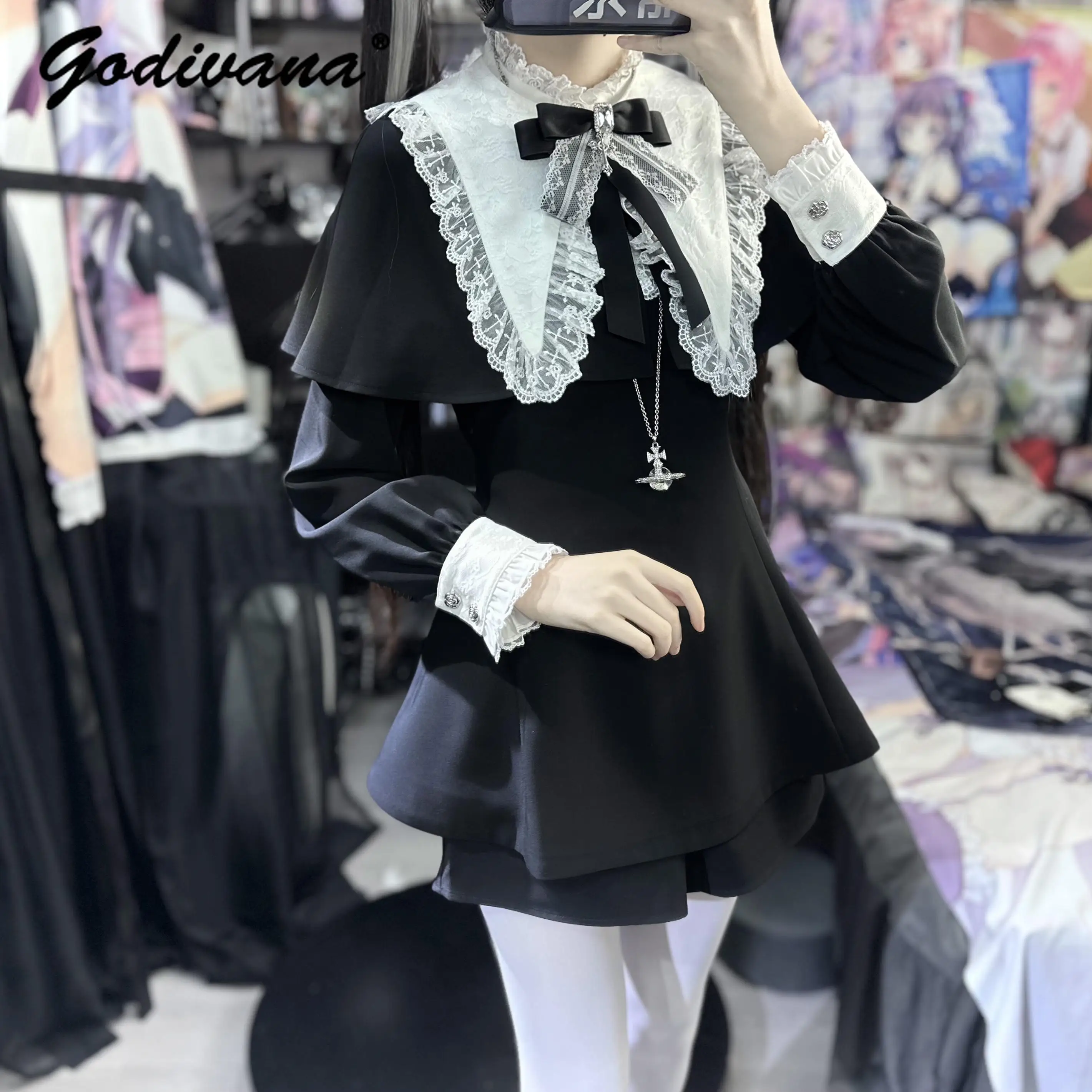 Japanese Style New Autumn Lolita Shorts Set Sweet Bow Large Lace Lapel Long-sleeved Slim Shirt Dress and Shorts Black Outfits