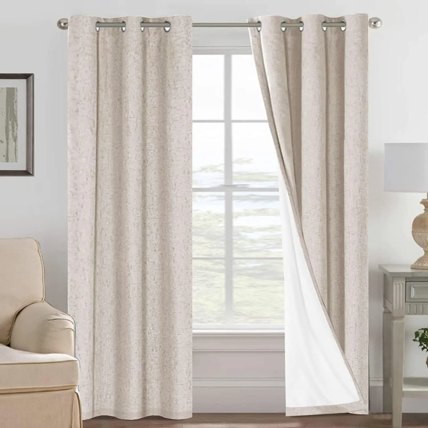 

Blackout Linen Curtains, 100% Blackout Drapes Textured Blackout Curtains with White Thermal Insulated Liner, Grommet Top