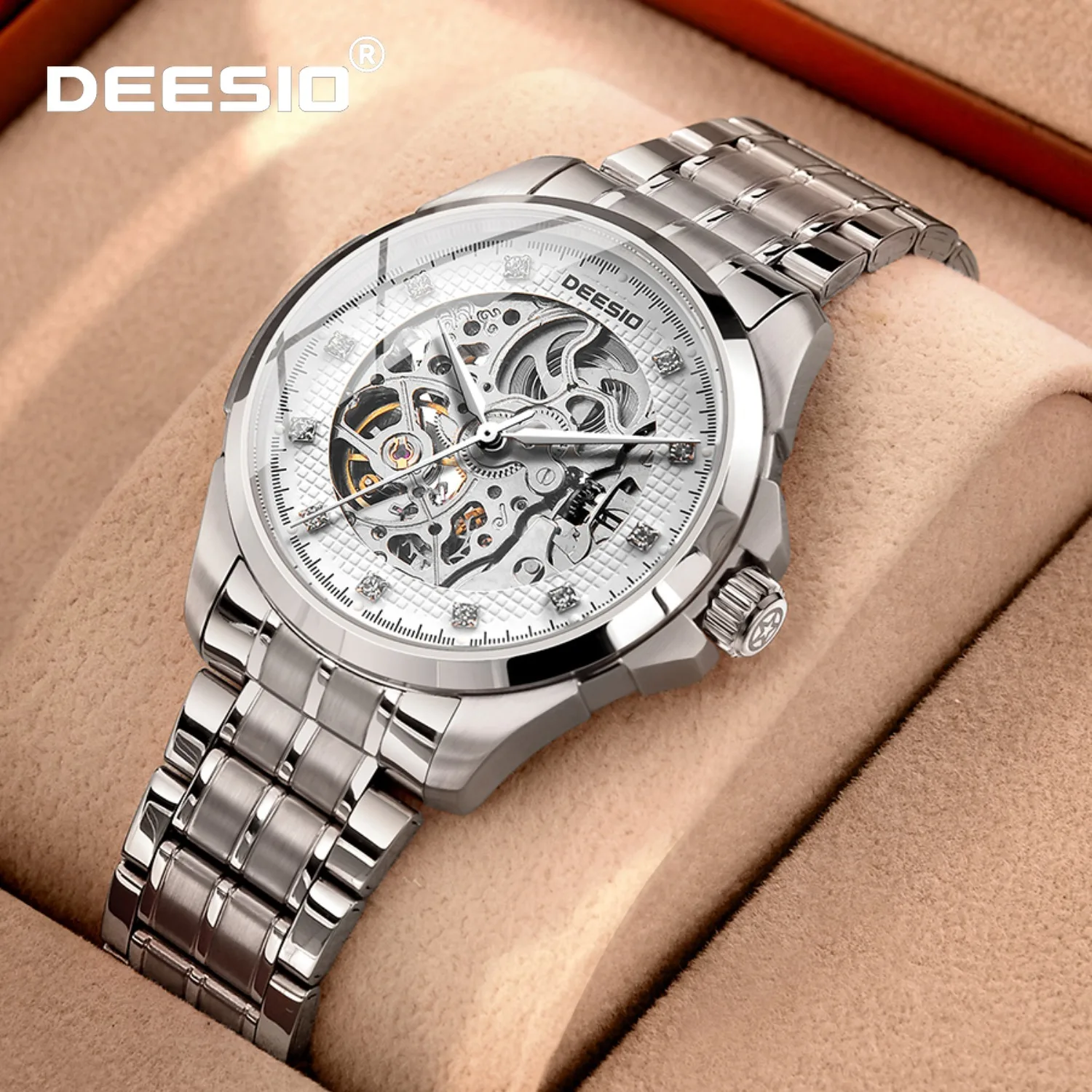 

Роскошные мужские полностью автоматические механические часы Deesio из нержавеющей стали 316L с полым циферблатом, водонепроницаемость 30 метров