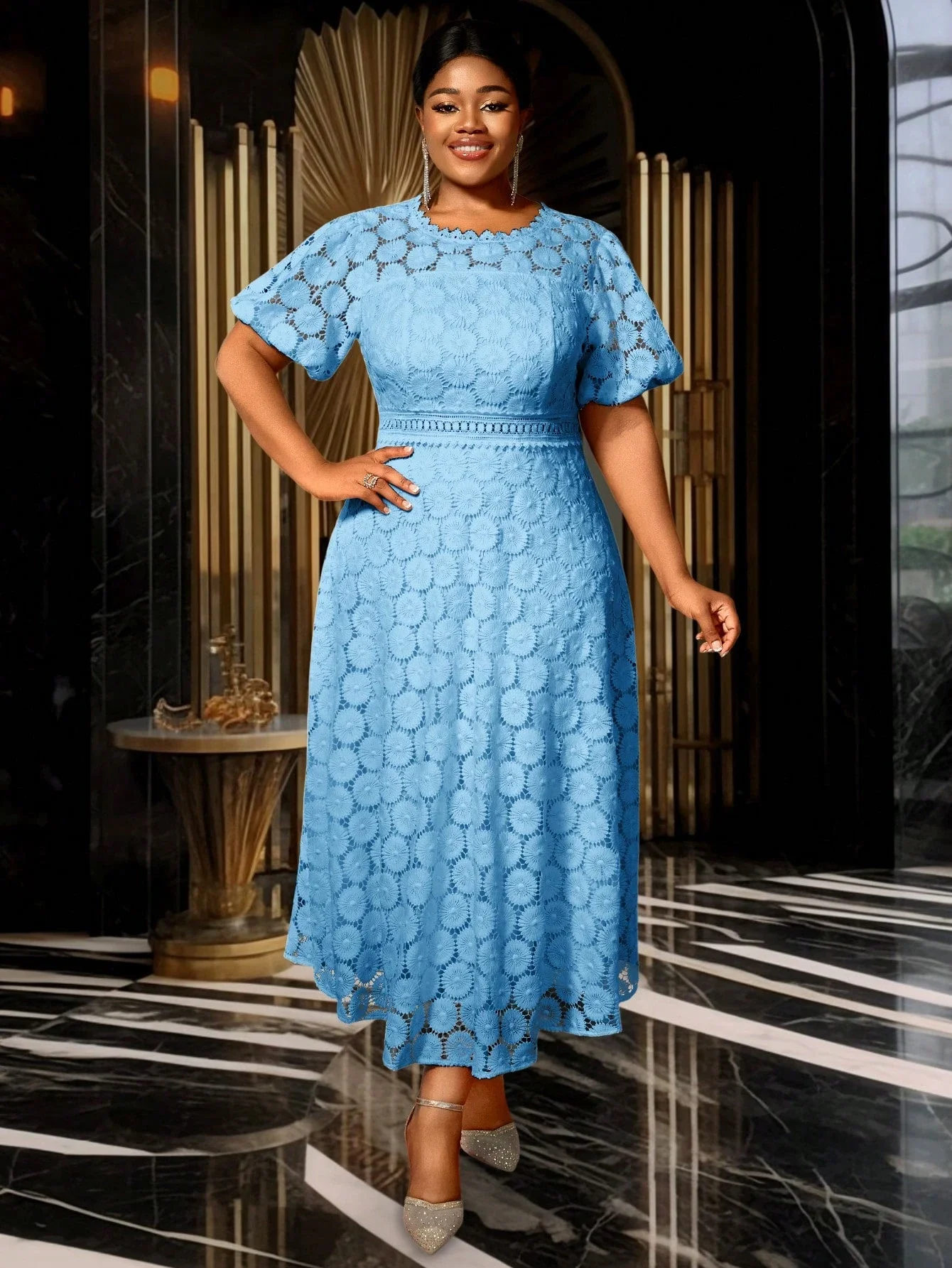 

Light Blue Lace A-Line Party Dress With Puff Sleeves Plus Size Women Elegant Summer