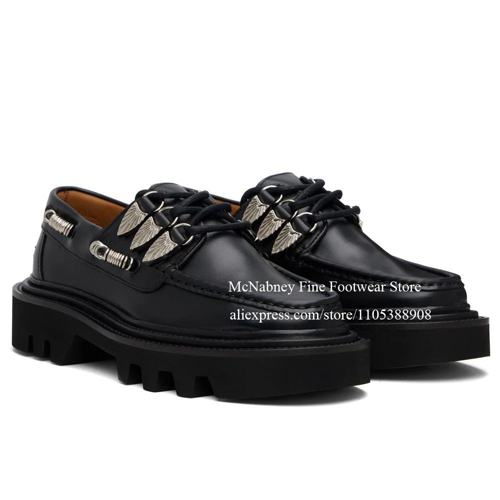 

Hard Leather Derby Platform Shoes Round Toe Wing Metal Decor Lace Up Chunky Sole Dress Shoes for Men Casual Footwear Spring