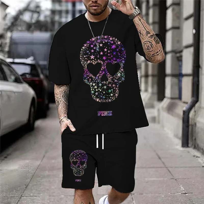 Футболка и шорты мужские с принтом черепа, модная уличная одежда, свободные дышащие мягкие топы и шорты, большие размеры, лето
