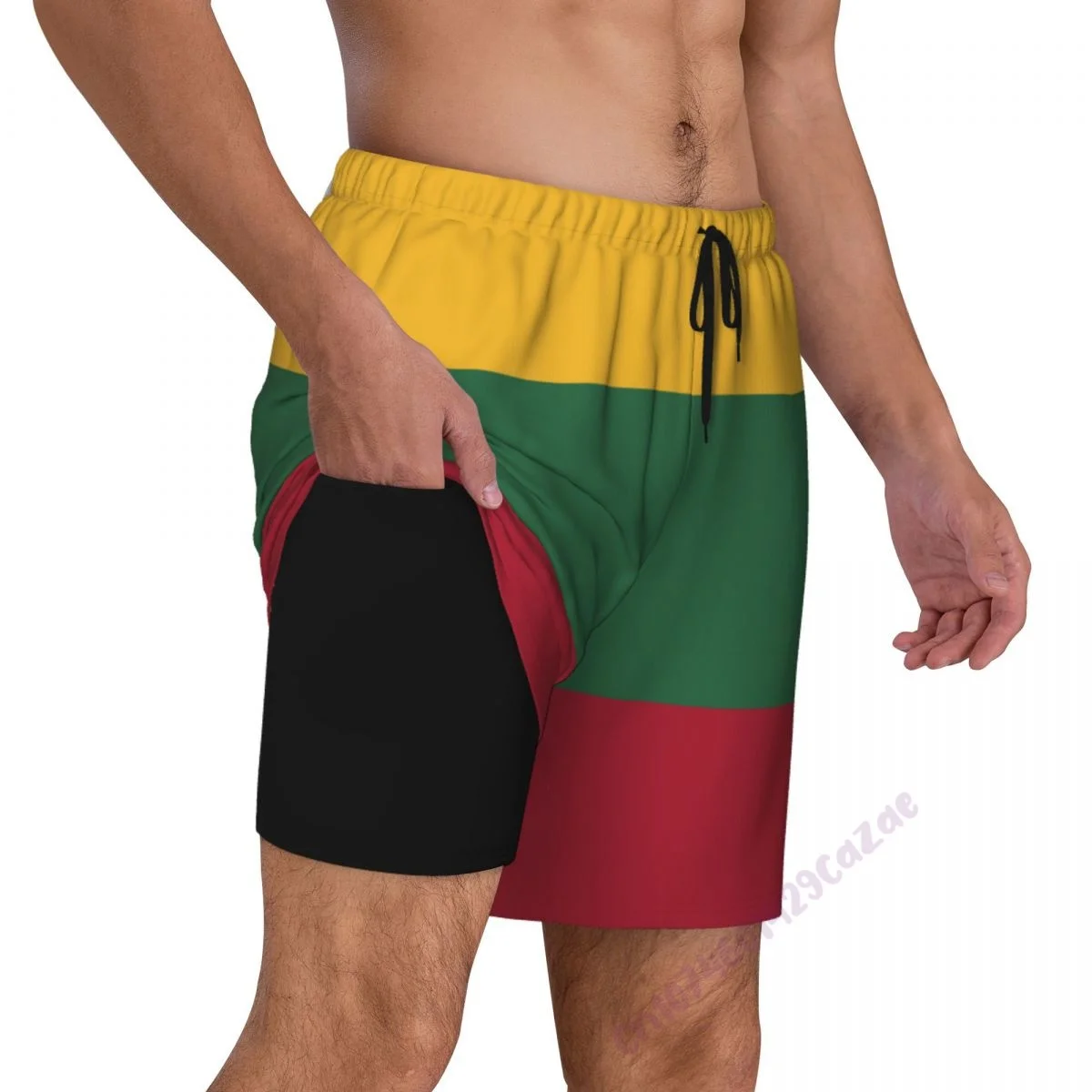 Lithuania Flag 3D Mens Swimming Trunks With Compression Liner 2 in 1 Quick-Dry Summer Swim Shorts With Pockets