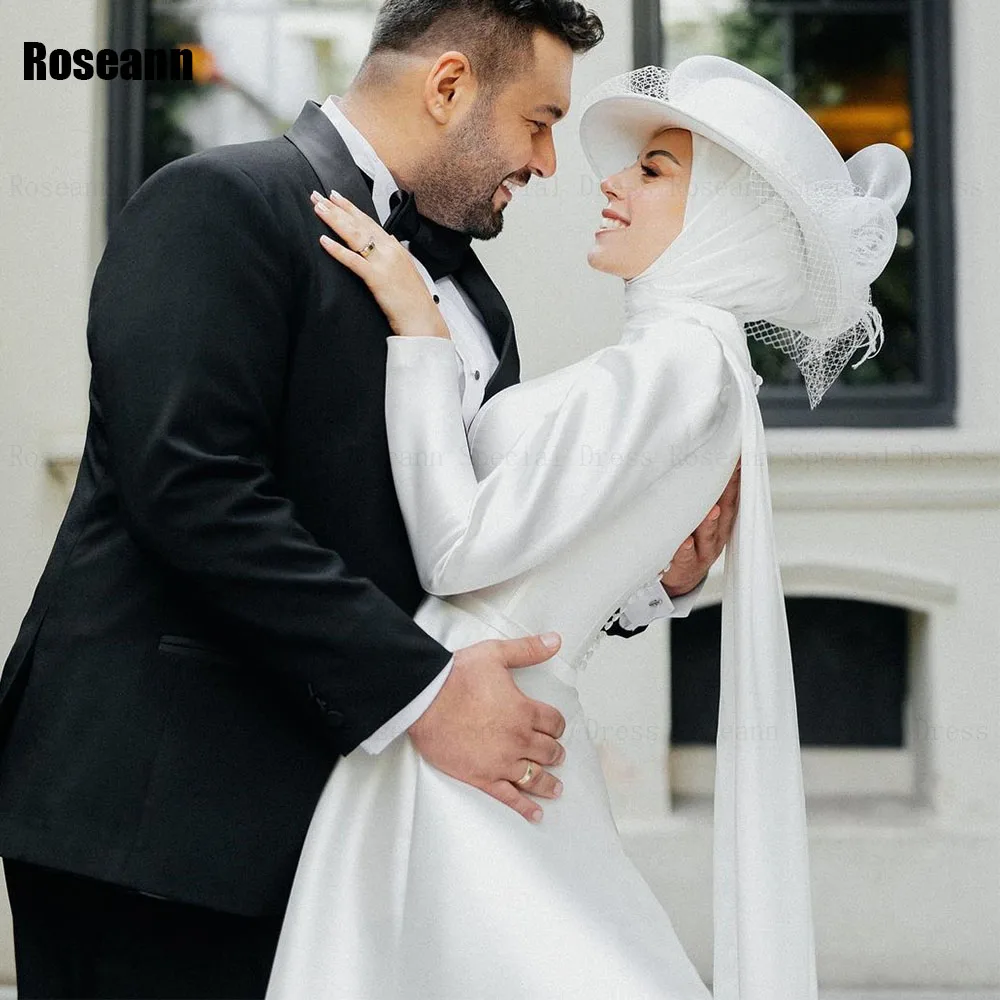 Muslim 2024 Ivory A-line Wedding Dress Full High Collar Satin Draped Pleat Floor Length Brush Train Bride Dresses robe de mariée