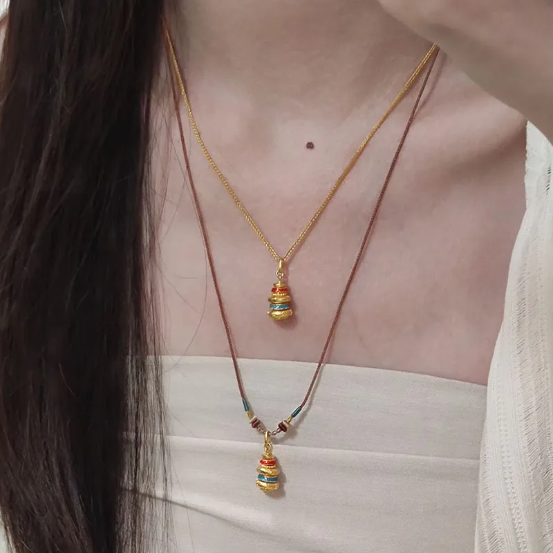 

Антикварный золотой кулон в форме тыквы с цветной эмалью, уникальный этнический стиль, плетеная веревочная цепочка, аксессуары, украшения для банкетов, подарки. ﻿