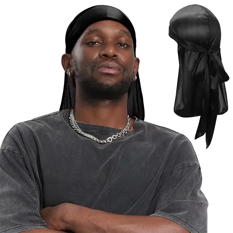 Men's Silk Durag Bonnet Bandana Silky Du Rag Doo Rag Long Tail Waves Cap