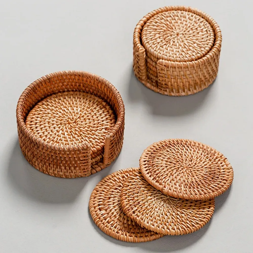 1set Drink Coasters Set for Kungfu Tea Accessories Round Tableware Placemat Dish Mat Rattan Weave Cup Mat Pad Diameter 8cm