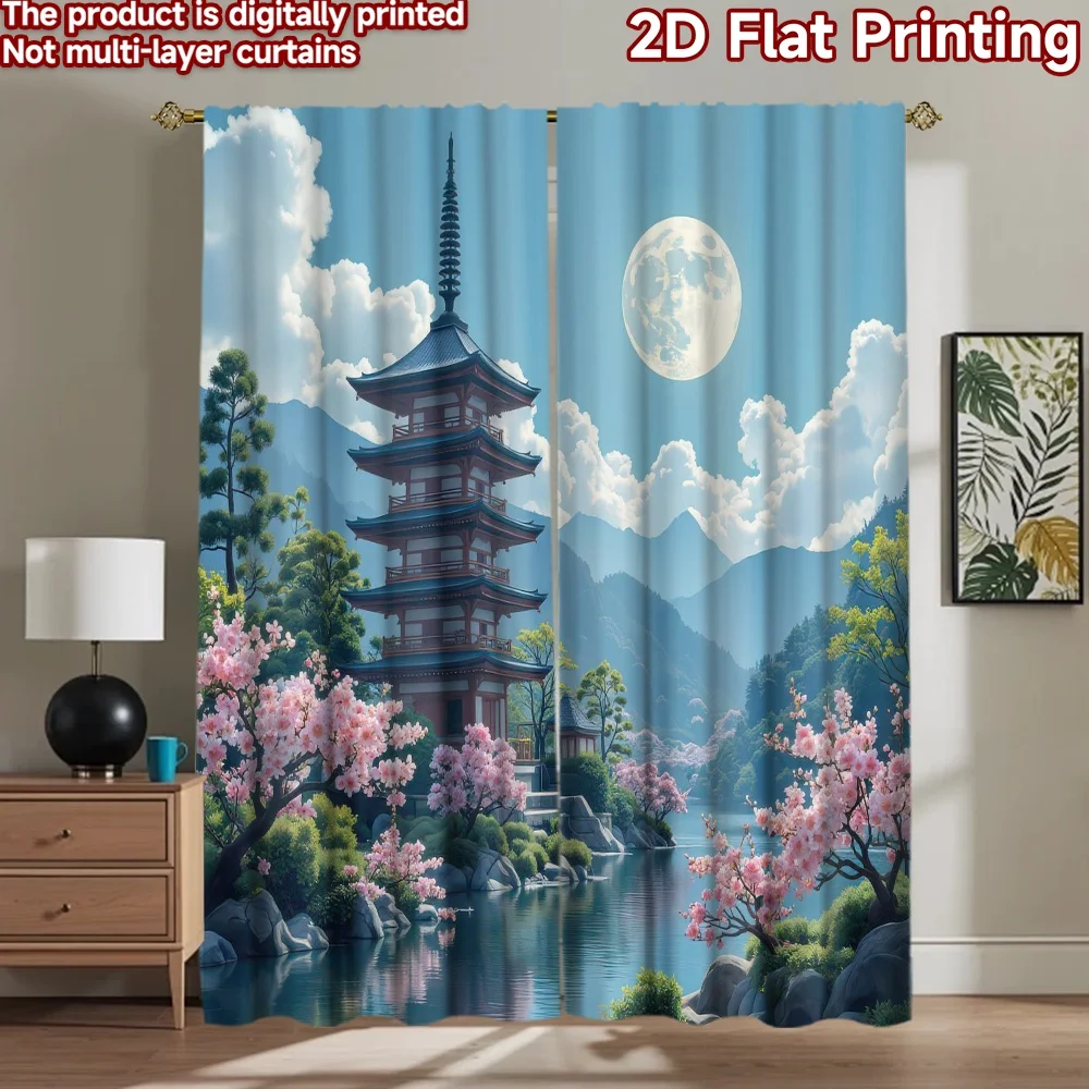 

1pc 2D flat Photography Backdrop Popular Photography Backdrop Cherry Blossom Pagoda Moon 100% Polyester Holiday Decorations Use