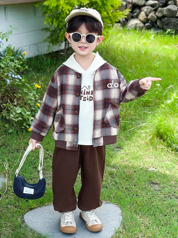 

Модный детский комплект в клетку с капюшоном, новинка 2026 года, для мальчиков, весенний модный комплект из двух предметов: толстовка и длинные хлопковые брюки