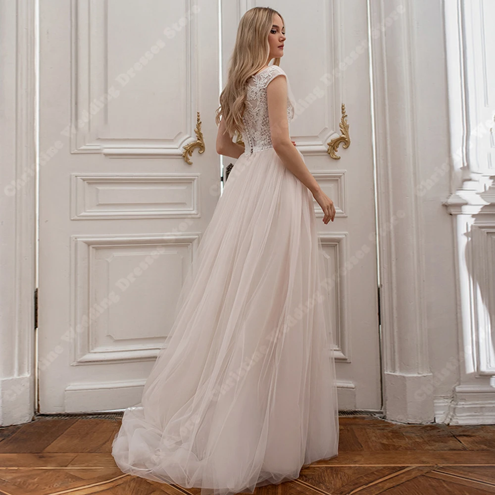 Robes de mariée imprimées en dentelle à col en V Shoous, patients A-ligne élégants, tout ce qui est classique, robe de banquet de princesse personnalisée