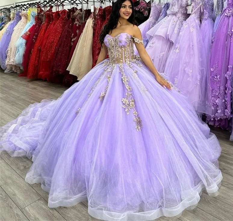 Vestidos de princesa lavanda para quinceañera, vestido de baile con hombros descubiertos, apliques de tul, dulce 16, 15 Años, personalizado