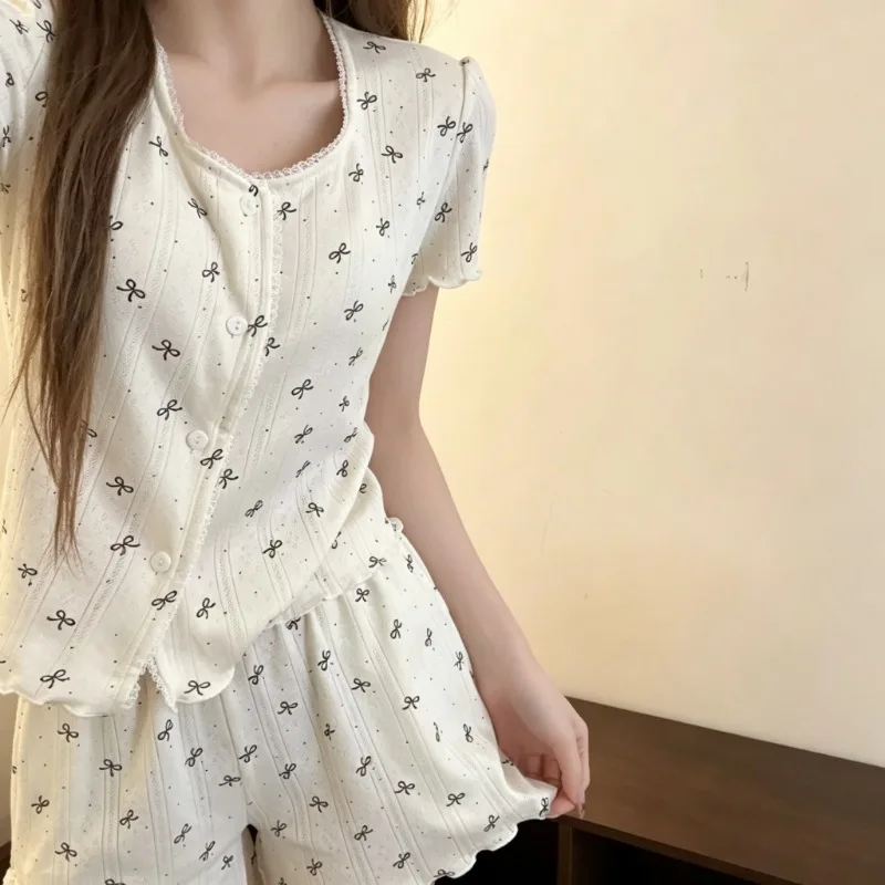Bow Dot Print Pajama Set Summer Lace Trim Women‘s Pajamas Short Sleeve Two Piece Suit Ladies Casual Sleepwear Loungewear Korean