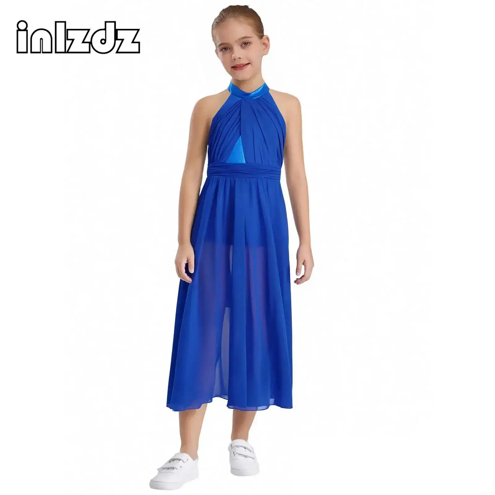 

Kids Girls Modern Contemporary Lyrical Dance Chiffon Dress Sleeveless Metallic Bodice Invisible Zipper Back Ruched Split Costume