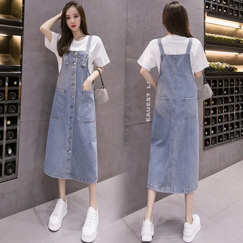 Button Design Long Denim Dress Women Adjustable Shoulder Strap Cowboy Sundress 2025 New Summer Practical Pocket Jean Casual Wear