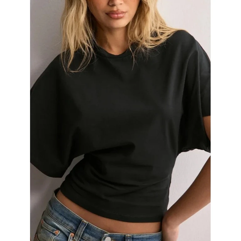 Summer New Style round Neck Short Sleeve T-Shirt Pure Color Short Length Korean Design Women's Fashionable Loose Fit Cotton P...