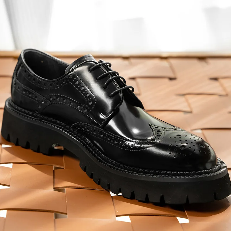 New Spring and Autumn Men's Thick-Soled Height-Increasing Large-Toe Lace-Up Leather Shoes