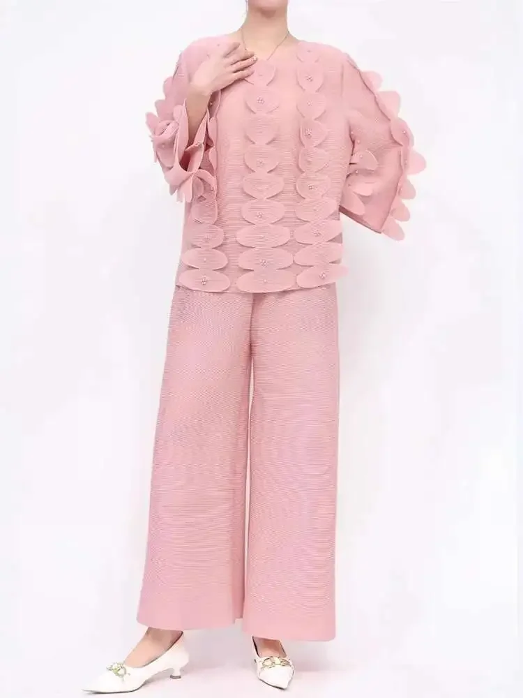 

Two Piece Set Pleated Pants Set Womens Fungal Round Neck Beaded T Shirt + Wide Leg Pants Nicole Design 2025 Summer New Clothing
