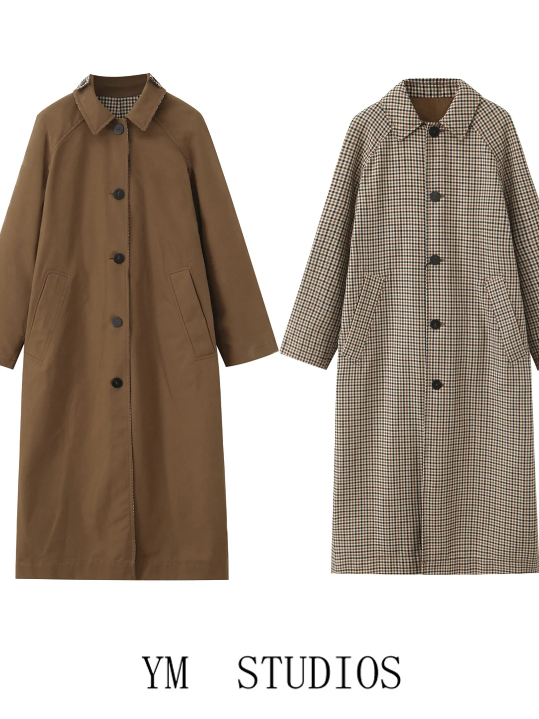 

Women's Plaid Double-Sided Wear Loose Coat Collar Mid-Length Single-Buttoned Long Sve Commute Sle Faion Outerwear