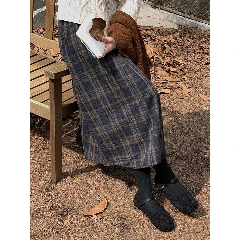Vintage Plaid Midi Y2k Skirt Women Korean Woolen A Ine Skirt Winter Ladies Streetwear Harajuku High Waist Casual Faldas New