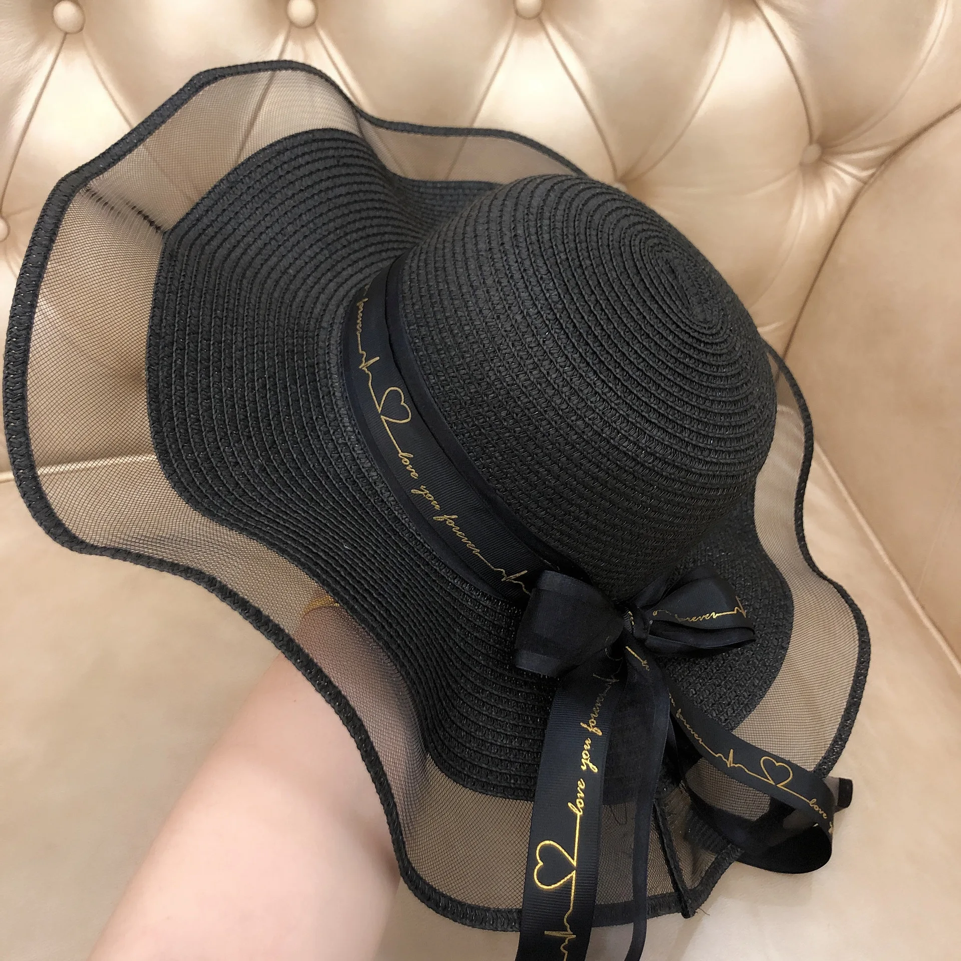 2022 Korean Style Woman Straw Gauze Joint Bow Ribbon Large Brim Sunshade Ins Celebrity Outing Fashion Beach Holiday Glacier Hat