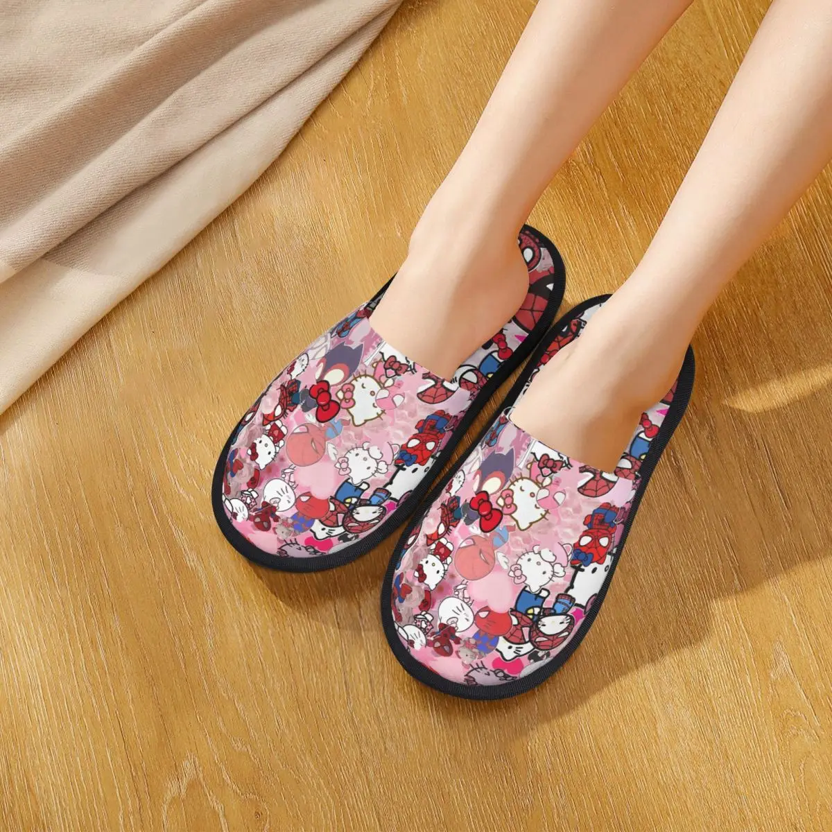 Зимние домашние хлопковые тапочки с рисунком Человека-паука «Hello Kitty», уютные домашние меховые тапочки для спальни, нескользящие шлепанцы