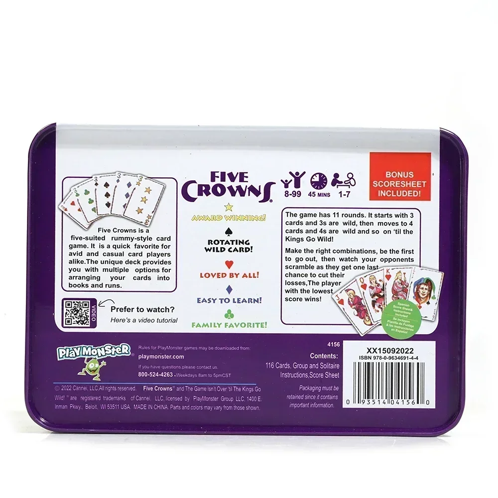 Five Crowns Card Game In a Tin Box The Game Isn\'t Over Until the Kings Go Wild 5 Suited Rummy Style Card Game