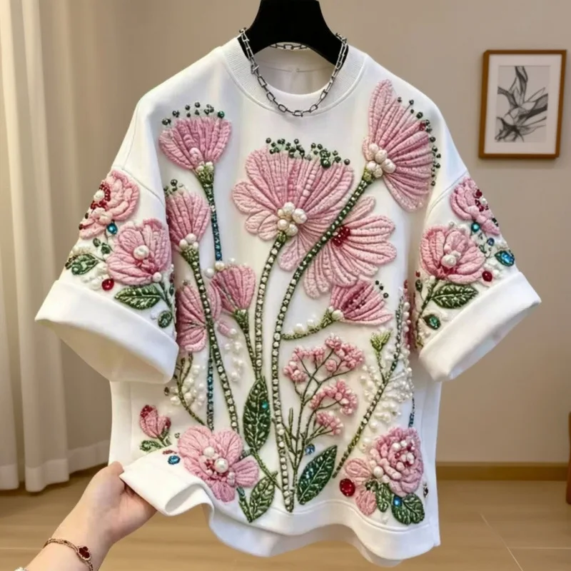 Elegant New Spring Summer Loose Women Basic T-shirt Luxury Beading Flowers Round Neck Pullover Top All-match Short Sleeve Tees