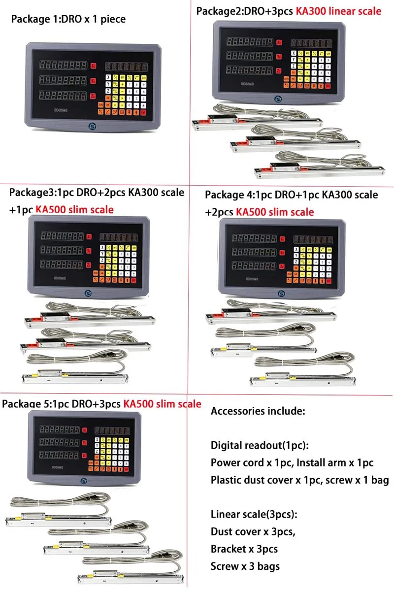 

DRO SDS3MS 3 Axis Digital Readout DRO Kits + 3PCS KA-500 KA300 Lathe Linear Scale Encoders Grinder Millilling