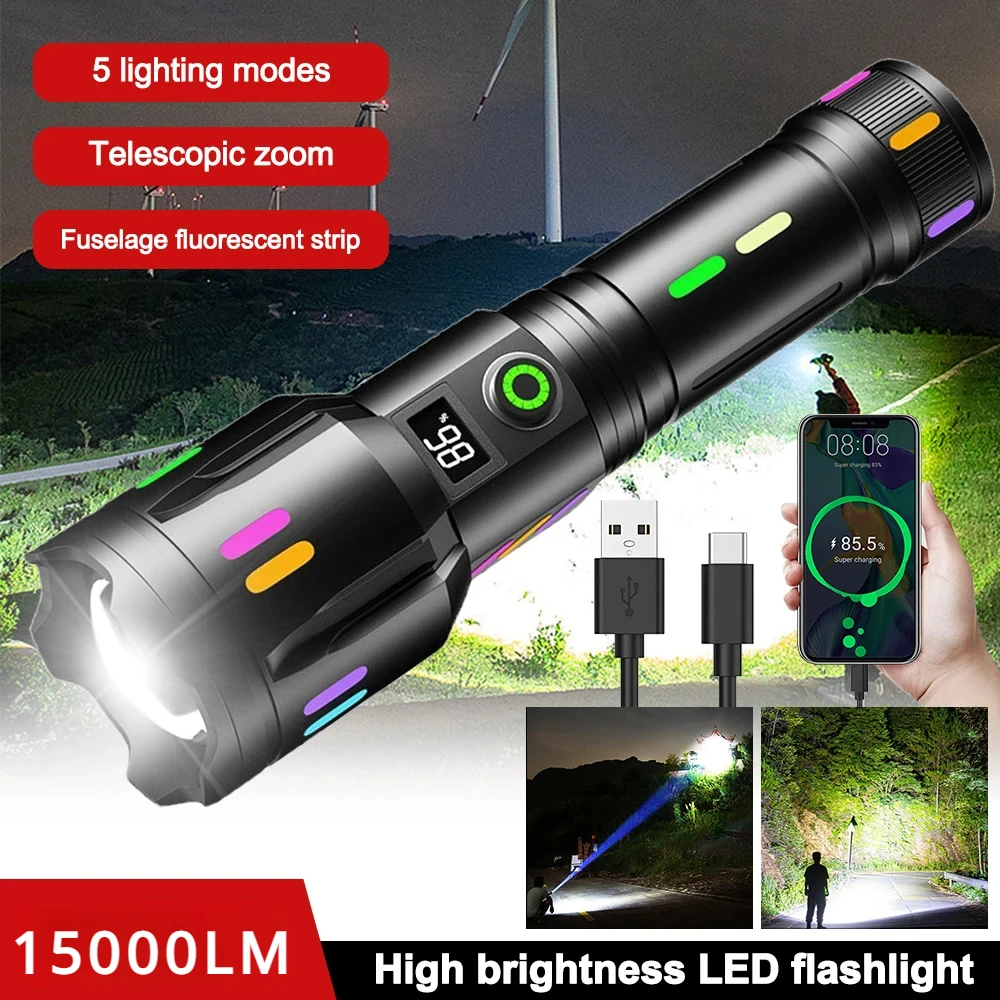 Lanterna LED portátil, laser branco, tocha militar tática, holofote de pesquisa Zoomable, lanternas de acampamento, tipo C, TYPE-C