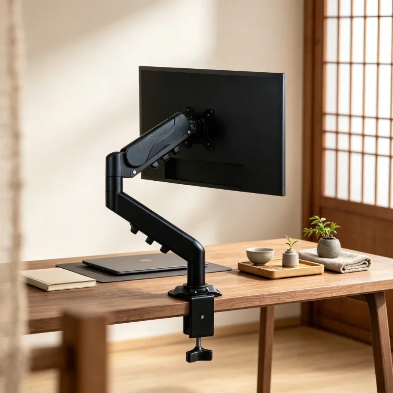 Gas Spring Monitor Arm Mount, Adjustable Swivel Desk Stand Bracket for Computer, Ergonomic Height Riser with Clamp & Tray.