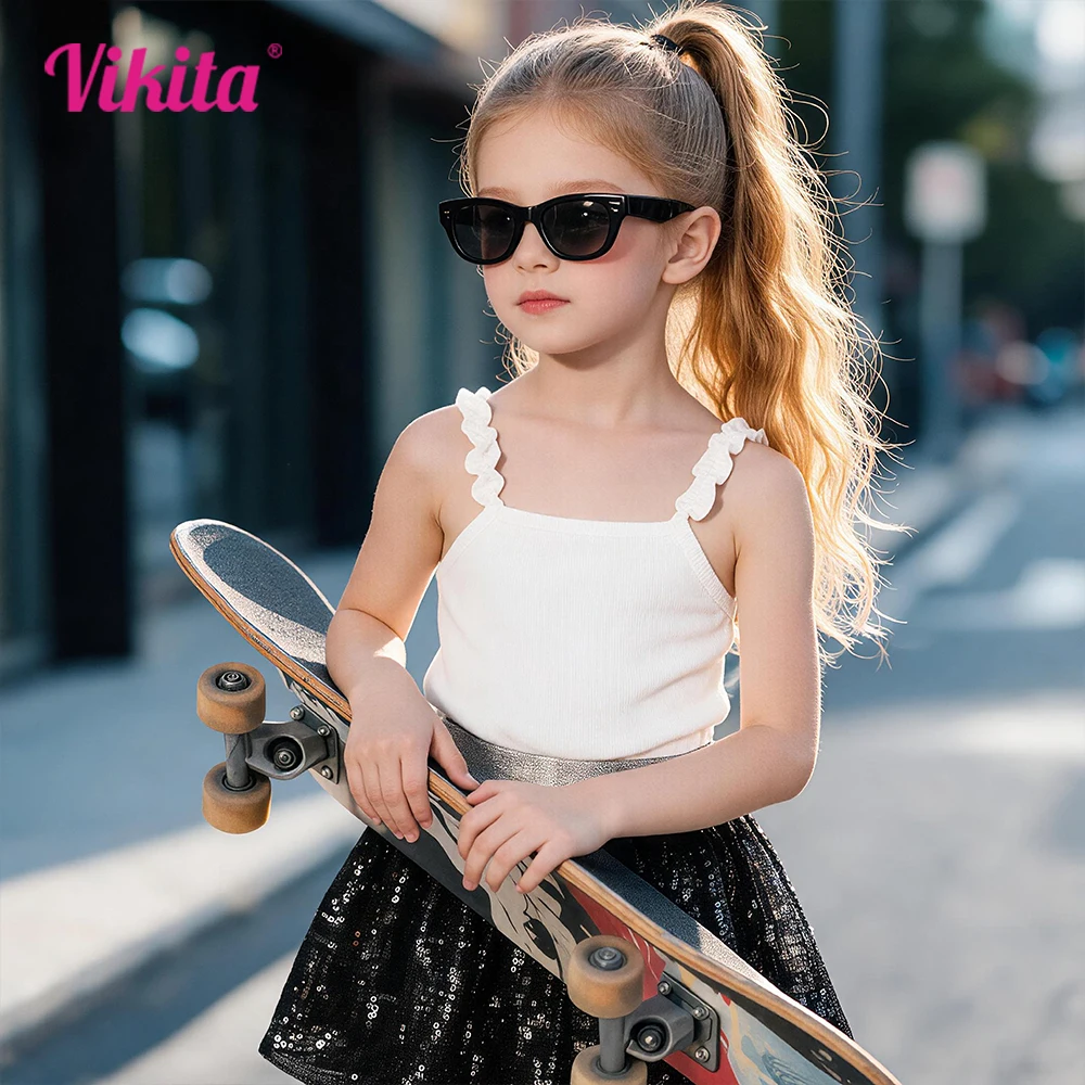 VIKITA Girls Sequins Sparkly Glitter Shiny Cool Skirt Kids Black Birthday Party Dance Stage Performance Casual Mini Skirts
