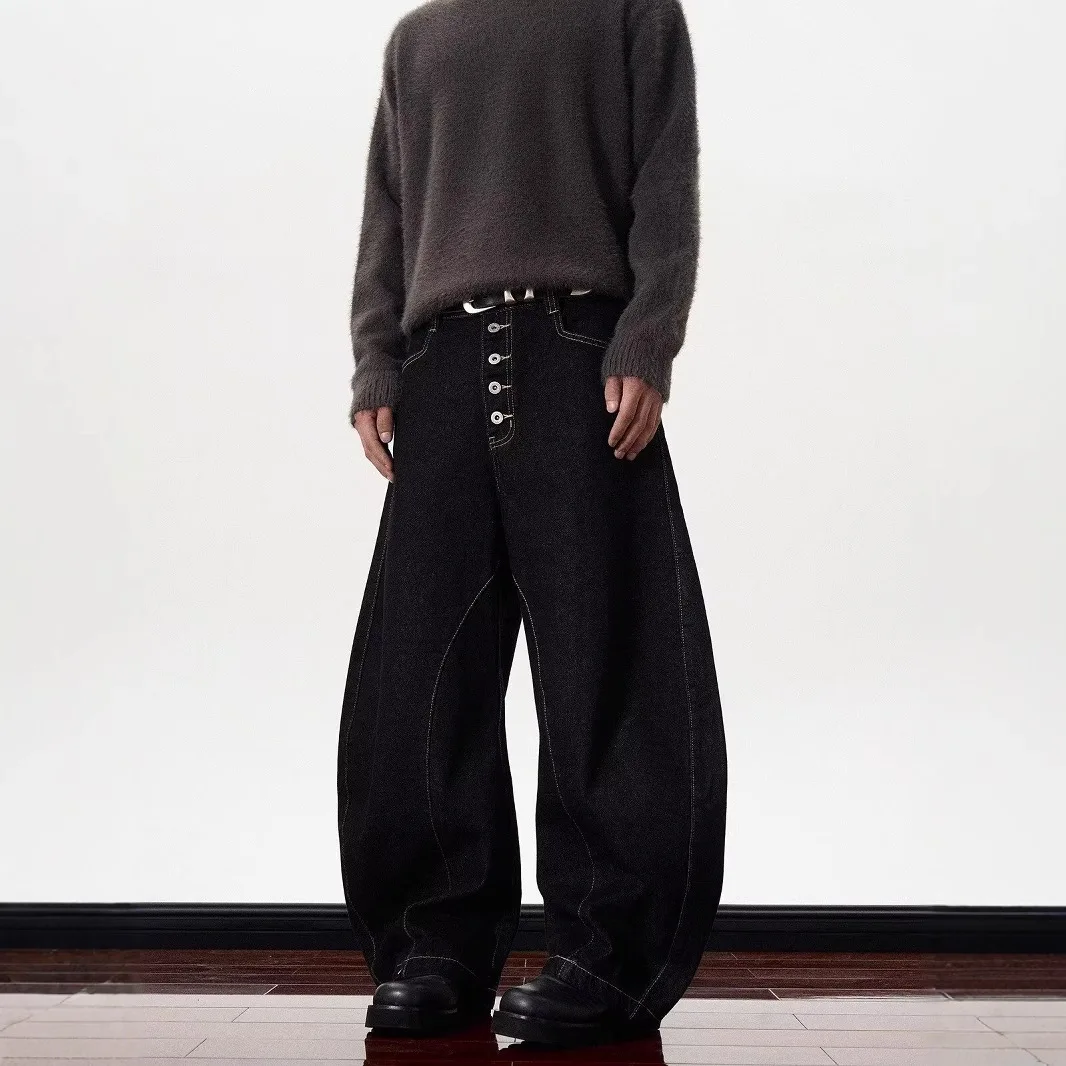 

American Retro Bla Knife Jeans Loose Wide Leg Pants High Waist Zipper Closure ex Trendy Design Cotton Denim Jeans