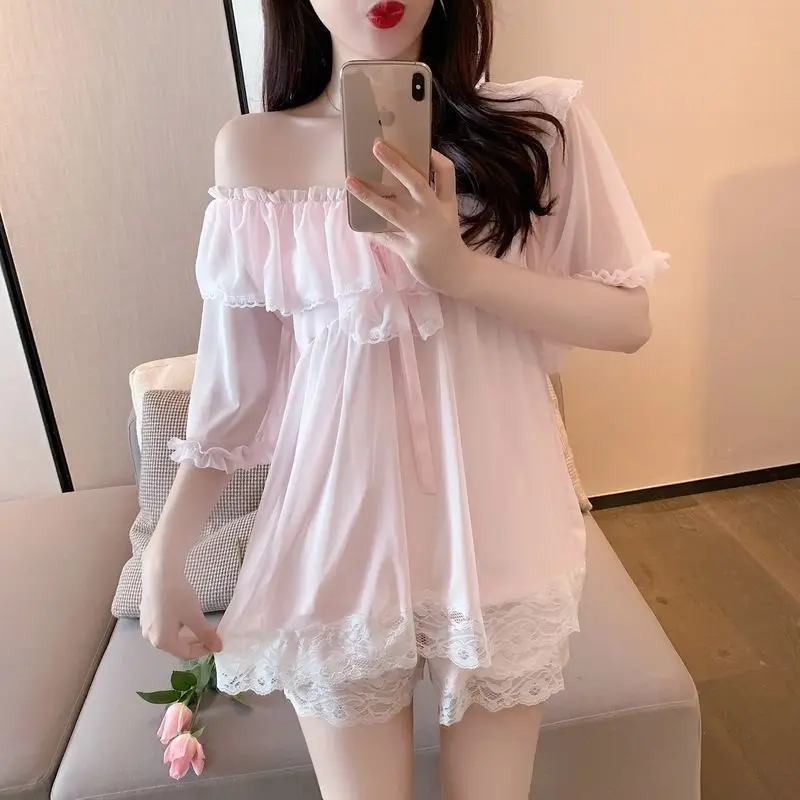 QWEEK Sweet Women White Suits with Shorts Nightwear Basic V-neck Summer Girls Home Clothes Nightie Pajamas for Femme