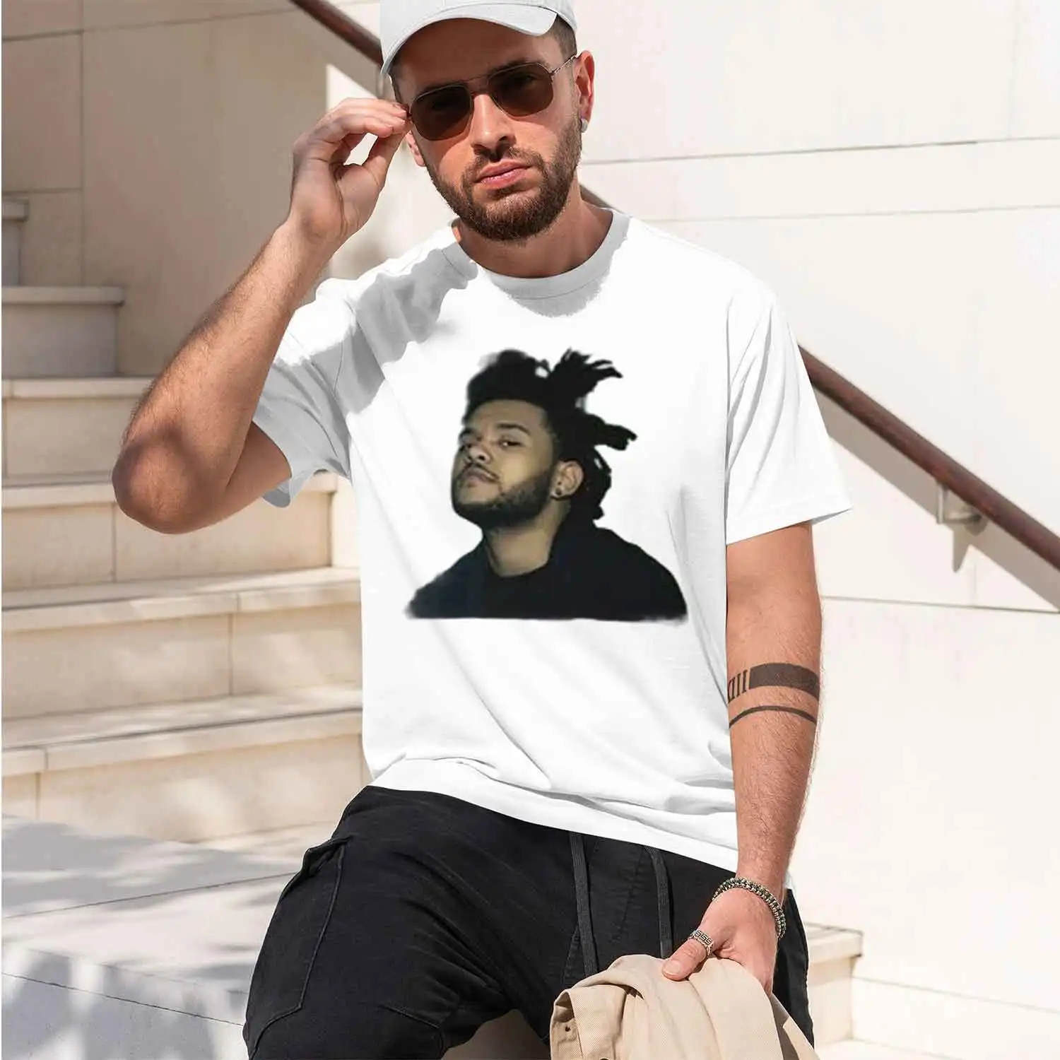 The Weeknd Moody Portrait Dark Aesthet Contemplative Pose Signature style Close-up Womens clothing crew neck tee 2026 New Model