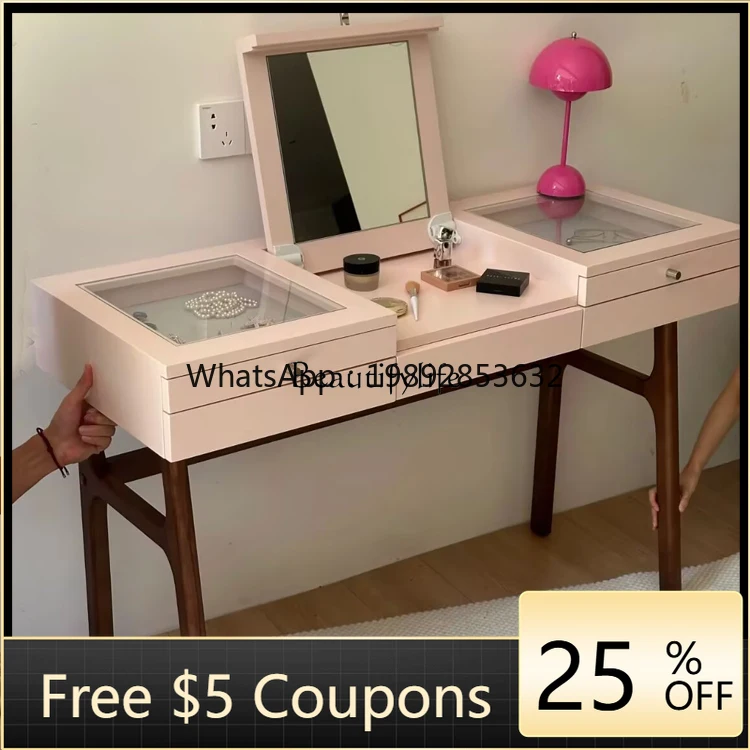 

W2 Medieval pink dresser solid wood bedroom simple retro flip cover home makeup table